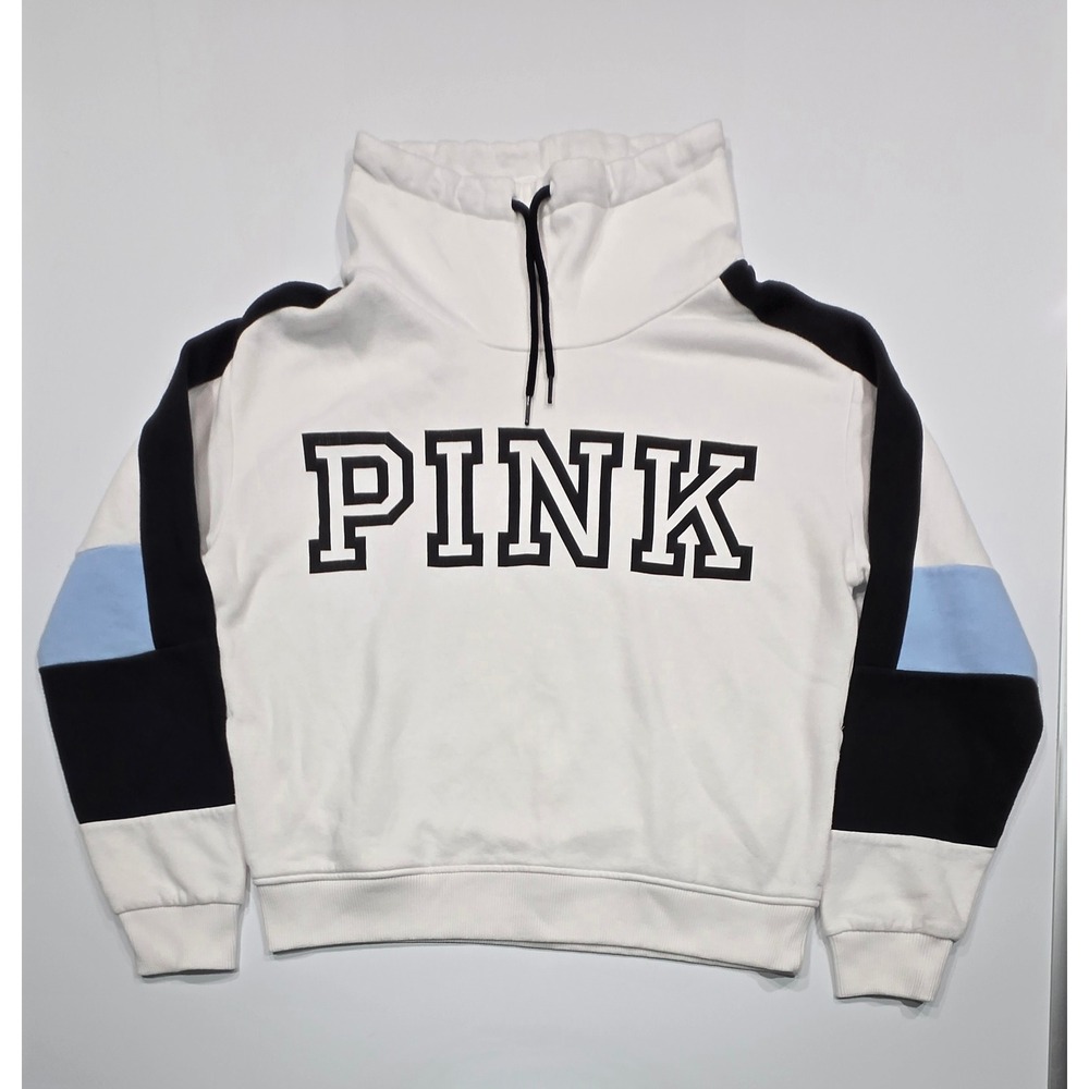 PINK Victoria's Secret Funnel‎ Neck Pullover Sweatshirt White Blue Black S